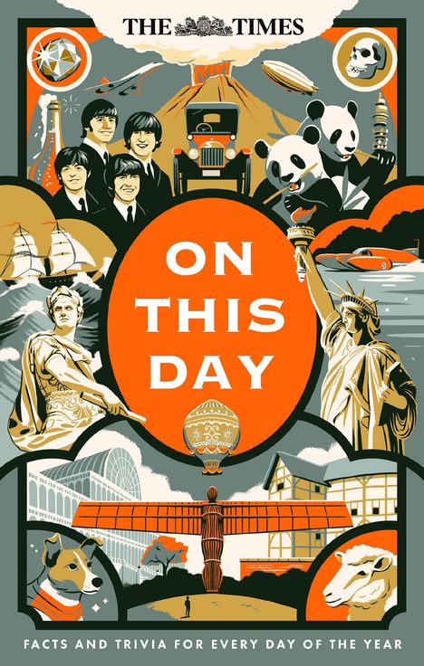 „ON THIS DAY“ in Weiß auf orangefarbenem Oval. Collage: Berühmte Personen, Wahrzeichen, Tiere, Symbolik.