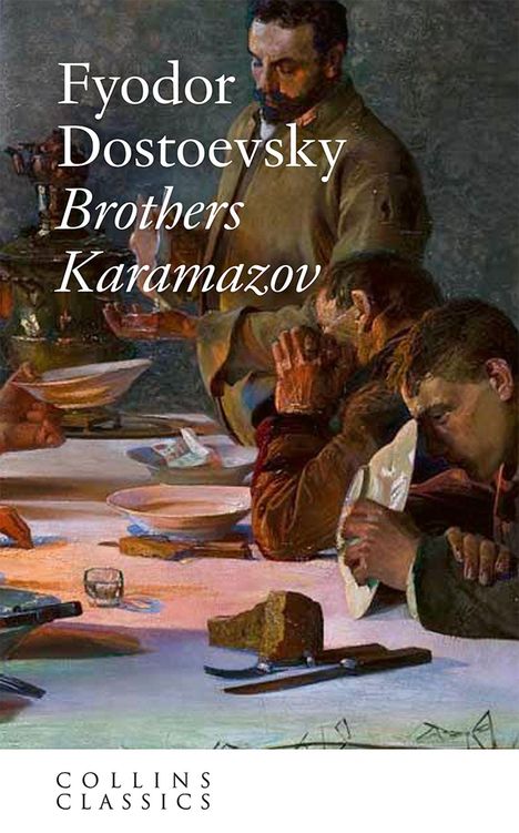 „Fyodor Dostoevsky, Brothers Karamazov“. Illustration eines gedeckten Tisches mit Menschen beim Essen.