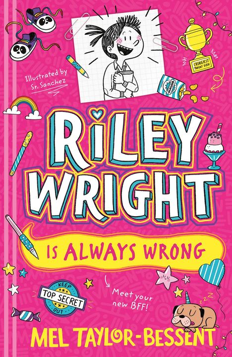 "Riley Wright Is Always Wrong" steht in großen, bunten Buchstaben. Illustration: Fröhliches Kind, bunte Symbole, verspielter Stil.