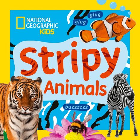 "Stripy Animals" in großen Buchstaben. Ein Tiger, Zebra, Clownfisch und eine Biene auf einer Blume.