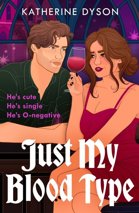 Titel: "Just My Blood Type". Zwei Personen an einer Bar. Frau hält Wein. Mann schaut zu. Romantische Atmosphäre.