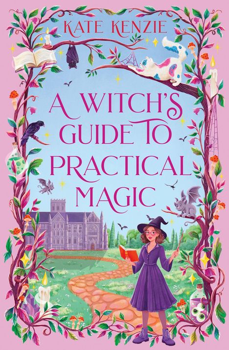 Titel: "A Witch's Guide to Practical Magic". Ein Weg führt zu einem Schloss. Eine Hexe mit rotem Buch und Zauberstab vorne.