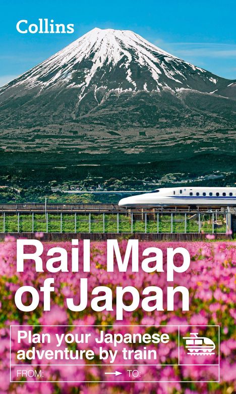 Text: Rail Map of Japan. Grafik eines Hochgeschwindigkeitszuges. Berg im Hintergrund, rosa Blumen im Vordergrund.