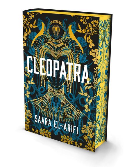 Text: "CLEOPATRA" und "SAARA EL-ARIFI". Kunstvolle Illustration mit goldenen und blauen Mustern auf schwarzem Hintergrund.