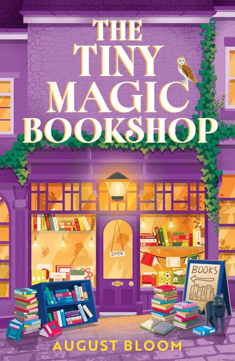 Eine Illustration zeigt einen lila Buchladen. Oben steht "THE TINY MAGIC BOOKSHOP". Unten "AUGUST BLOOM". Bücher und eine schwarze Katze.