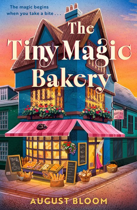 Text: „The Tiny Magic Bakery“, „August Bloom“, „Cover to be revealed“. Hintergrund in warmen Farbtönen, pastellartiger Verlauf.