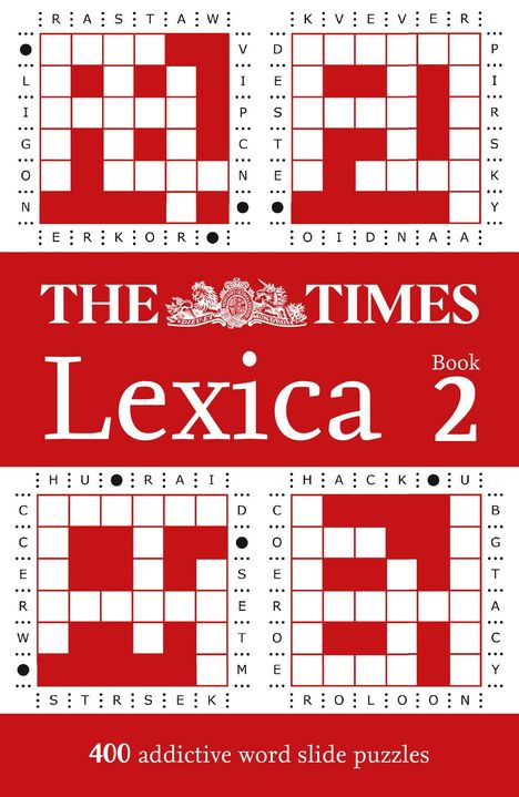 „THE TIMES Lexica Book 2“. „400 addictive word slide puzzles“. Vier Wortgitterrätsel auf rotem Hintergrund.