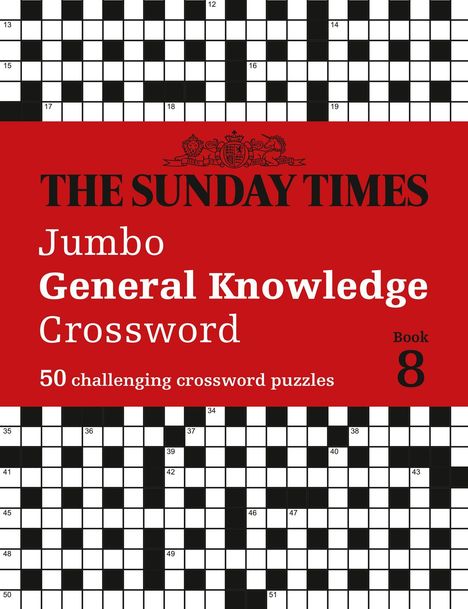 "THE SUNDAY TIMES Jumbo General Knowledge Crossword" Text auf rotem Hintergrund, darunter ein schwarz-weißes Kreuzworträtsel.