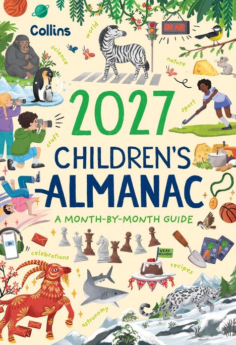 2027 Children's Almanac. Ein Zebra auf einem Zebrastreifen, ein Gorilla, ein Pinguin, ein Kind mit Hockeyschläger, Schachfiguren.