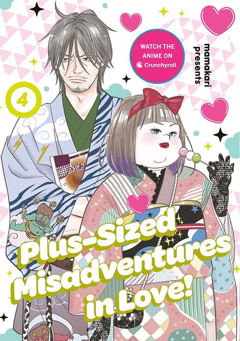 Text: "Plus-Sized Misadventures in Love!", "WATCH THE ANIME ON Crunchyroll". Zwei Personen in traditionellen Gewändern.