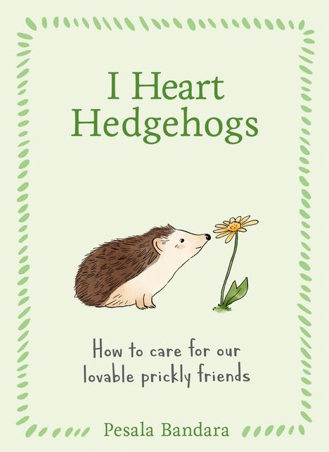 „I Heart Hedgehogs“ und „How to care for our lovable prickly friends“, Illustration eines Igels mit Blume.