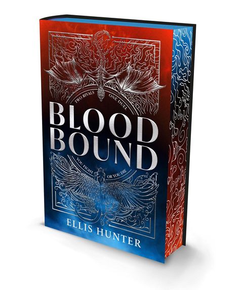 "Two Rivals, One Duel. Blood Bound. You Fight or You Die. Ellis Hunter." Buchcover mit rotem und blauem Hintergrund, Illustrationen.