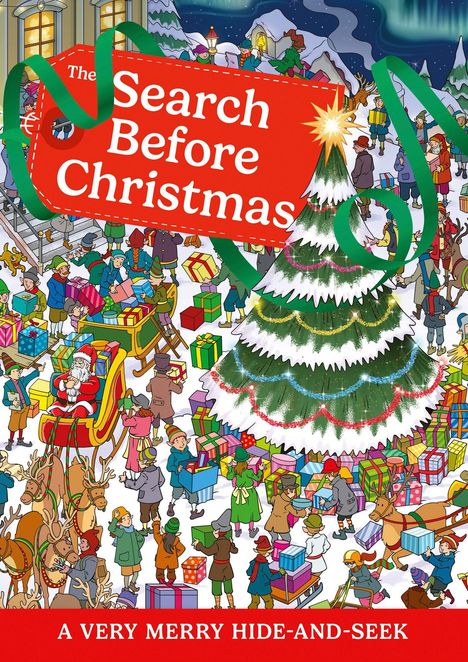 „The Search Before Christmas“ und „A Very Merry Hide-and-Seek“. Illustration von Weihnachtsmarkt mit Geschenken und Tannenbaum.