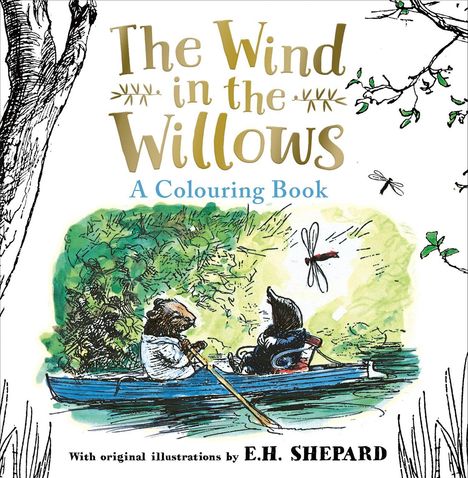 Text: "The Wind in the Willows: A Colouring Book".  
Illustration zeigt zwei Tiere in einem Boot, umgeben von Natur.