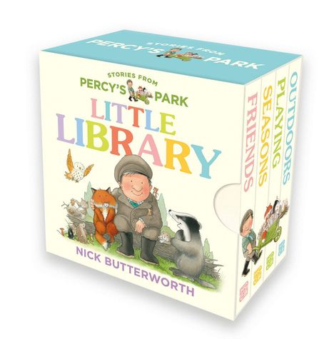 Text: "STORIES FROM PERCY'S PARK LITTLE LIBRARY FRIENDS SEASONS PLAYING OUTDOORS NICK BUTTERWORTH." Illustrationen von Tieren.