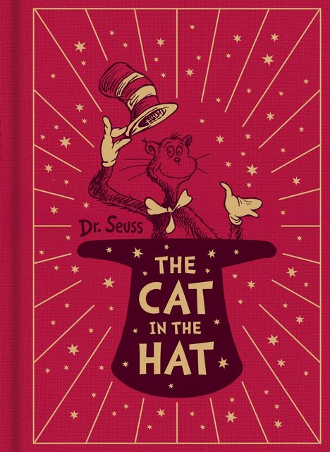 Text: "THE CAT IN THE HAT", "Dr. Seuss". Illustration: Eine Katze mit einem gestreiften Hut vor einem roten Hintergrund mit Sternen.