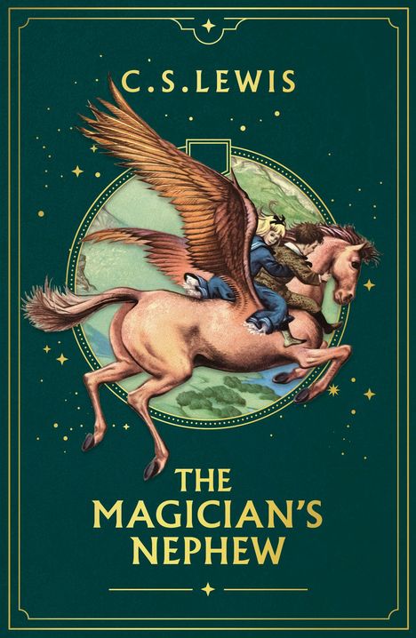 Oben steht "C.S. Lewis", unten "The Magician's Nephew". Ein geflügeltes Pferd mit zwei reitenden Kindern vor einem grünen Hintergrund.