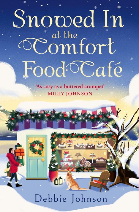 "Snowed In at the Comfort Food Café." 
Ein Café in Winterkulisse mit Schnee, Leckereien, Hund und Person in roter Jacke.