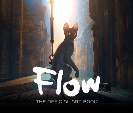 "Flow: The Official Art Book". Illustration: Eine schwarze Katze sitzt in einer mystischen, lichtdurchfluteten Umgebung.