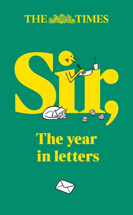 "The year in letters" steht unter "Sir," in Gelb. Illustration: Figur schreibt, Katze schläft, zerknülltes Papier.