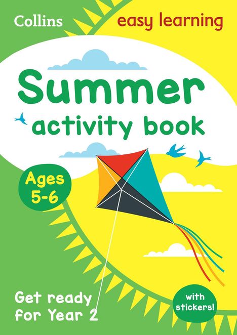 Ein Kinderbuchcover mit der Aufschrift: "Summer activity book, Ages 5-6, Get ready for Year 2, with stickers!". Ein Drache fliegt.