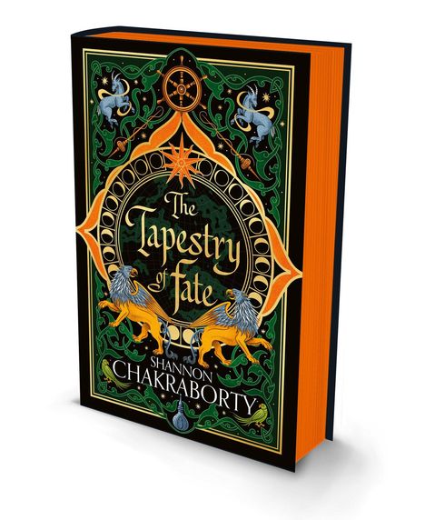 „The Tapestry of Fate“ von Shannon Chakraborty. Illustration mit Löwen und Einhörnern, verziert mit grünen Mustern.