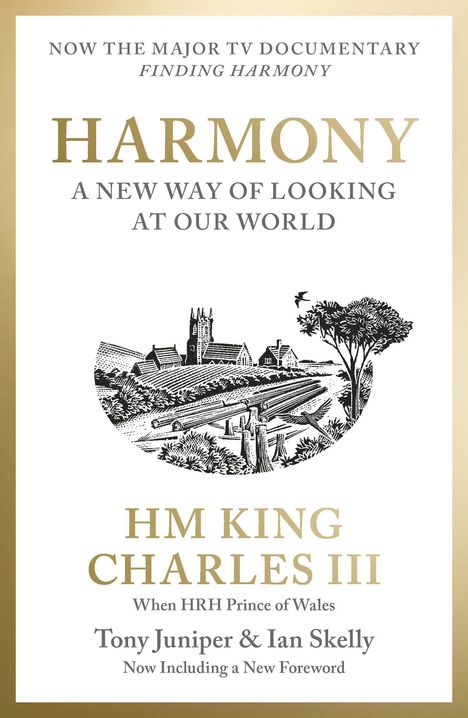Titel: "Harmony: A New Way of Looking at Our World". Autor: King Charles III. Illustration: Landschaft mit Kirche.