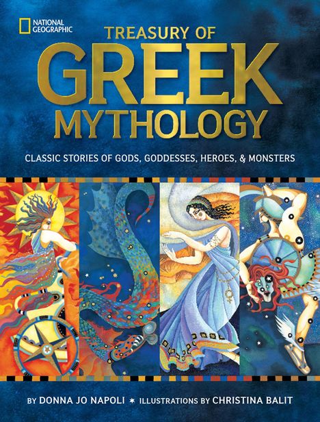 "GREK MYTHOLOGY, Classic Stories of Gods, Goddesses, Heroes, & Monsters. Farbe Bilder antiker Szenen mit Figuren."