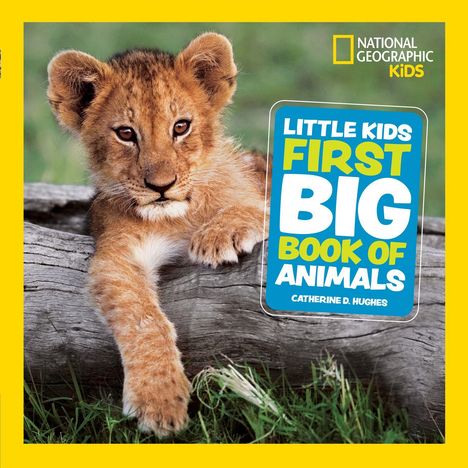 "Little Kids First Big Book of Animals" und "National Geographic Kids" sind zu sehen. Ein Löwenjunges liegt auf einem Baumstamm.
