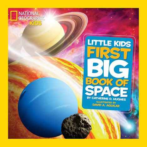 "Little Kids First Big Book of Space" in großen, bunten Buchstaben auf farbigem Hintergrund. Planeten und ein Asteroid im All.