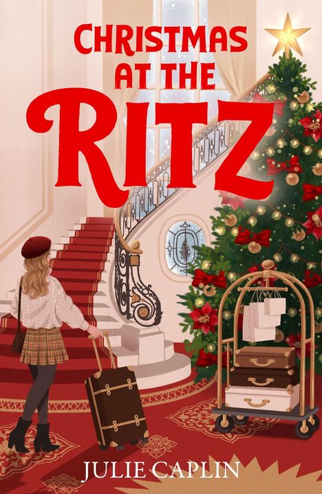 Die Worte „Christmas at the Ritz“. Illustration: Frau mit Koffer in schickem Hotel, großer Weihnachtsbaum, rote Treppe.
