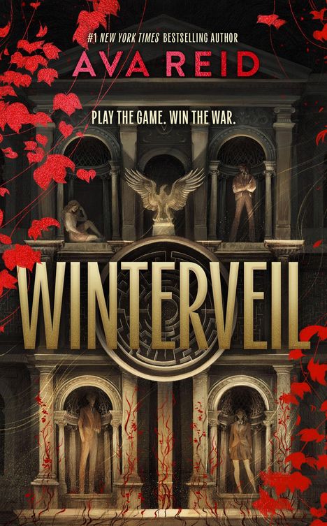 "Winterveil" in großen Buchstaben, darüber "Play the game. Win the war." Gebäude mit Ranken und Figuren.