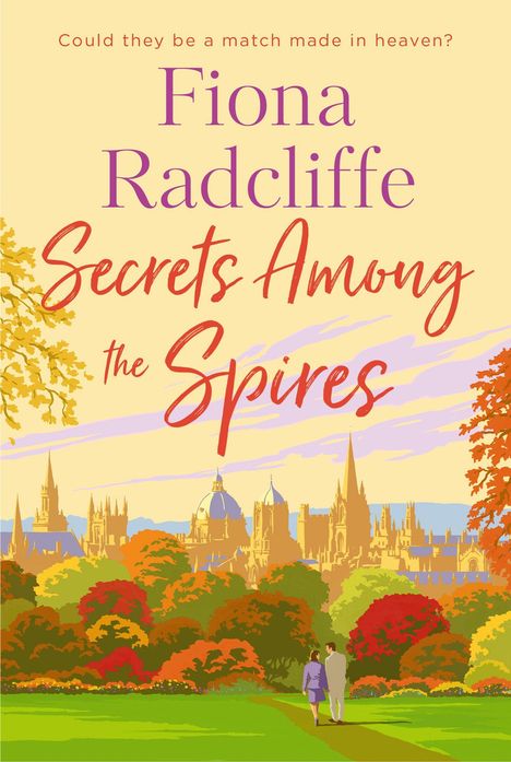 „SECRETS AMONG THE SPIRES“ von Fiona Radcliffe. Hinweis: „FINAL COVER COMING SOON“. Logo: „avon.“ Oben rundes gelbes Emblem. Grau mit gelben Linien.