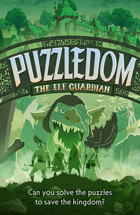 "Puzzledom: The Elf Guardian" oben, "Can you solve the puzzles to save the kingdom?" unten. Illustration eines grünen Monsters.