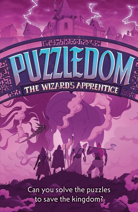 "PUZZLEDOM: THE WIZARD'S APPRENTICE. Can you solve the puzzles to save the kingdom?" zeigt Figuren vor einem riesigen Drachen.