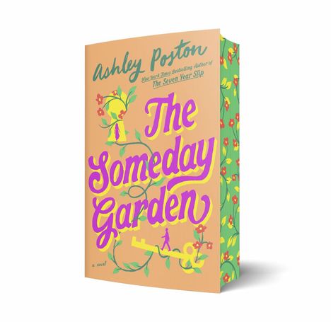 „The Someday Garden“ in lila Schrift auf beigem Hintergrund, umgeben von Blumenrankhen und Schlüsselillustration.