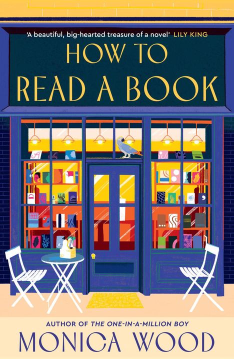 "HOW TO READ A BOOK" steht groß in Gelb auf einem blauen Schild. Illustration eines Buchladens mit Regalen und einer Sitzgelegenheit.