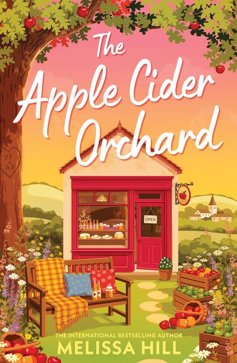 „The Apple Cider Orchard“ von Melissa Hill. Illustration zeigt eine gemütliche Apfelplantage mit Sitzbank und saftigen Äpfeln.