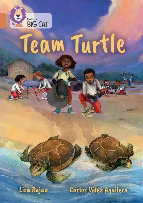 "Team Turtle" in gelber Schrift. Kinder säubern einen Strand, zwei Schildkröten im Vordergrund. Oben links ein Löwen-Logo.