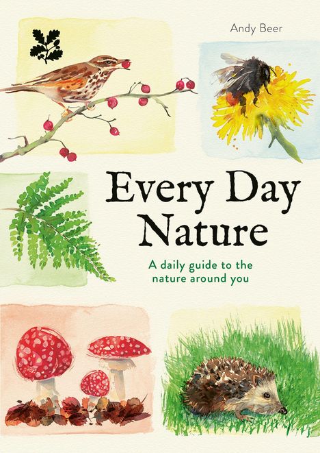 „Every Day Nature. A daily guide to the nature around you.“ Verschiedene Naturillustrationen: Vogel, Biene, Farn, Pilze, Igel.