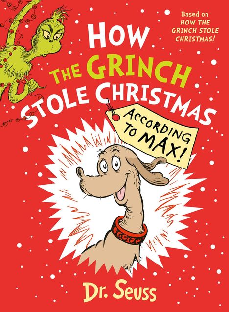 „HOW THE GRINCH STOLE CHRISTMAS ACCORDING TO MAX! Dr. Seuss“ Ein Hund mit Halsband und der Grinch mit Lichterkette.