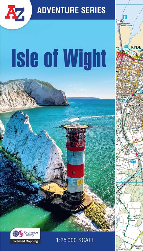 Adventure Series, Isle of Wight, Maßstab 1:25 000. Links Klippen mit Leuchtturm, rechts Kartenausschnitt.