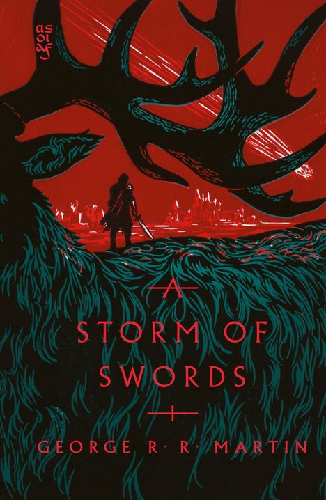 "A Storm of Swords" von George R.R. Martin. Roter Hintergrund mit einer Silhouette eines Ritters und einem großen Geweih.