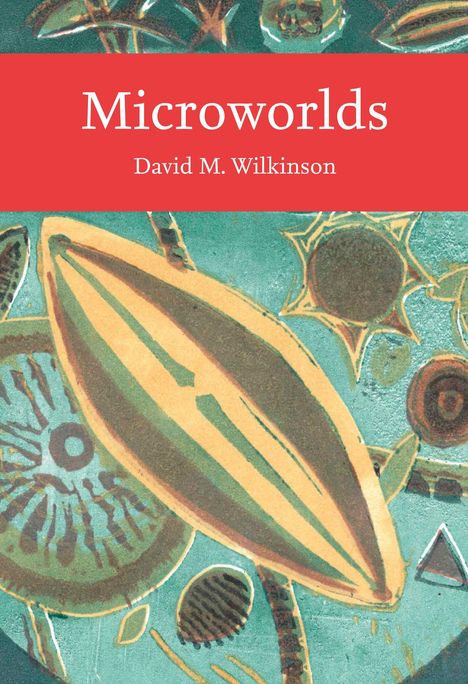 „Microworlds“, David M. Wilkinson. Illustration von Formen, die an abstrakte Mikroorganismen erinnern, in Grün- und Brauntönen.