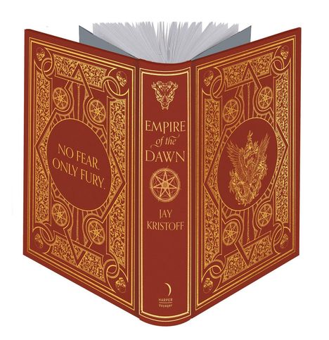 "NO FEAR. ONLY FURY." und "EMPIRE of the DAWN" von Jay Kristoff. Rotes Buch mit goldenen Verzierungen und einem Phönix.