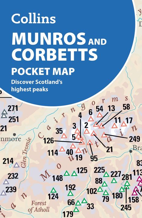 "Collins Munros and Corbetts Pocket Map" oben. Karte mit bunten Dreieckssymbolen und Zahlen für Gipfel in Schottland.