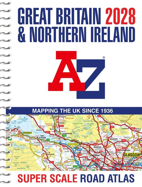 "Great Britain 2028 & Northern Ireland" steht oben, gefolgt von einem stilisierten "A-Z" Logo. Unten eine bunte Straßenkarte.