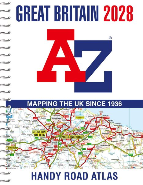 „GREAT BRITAIN 2028“, „A-Z“, „MAPPING THE UK SINCE 1936“, „HANDY ROAD ATLAS“. Detaillierte Straßenkarte von Middlesbrough.