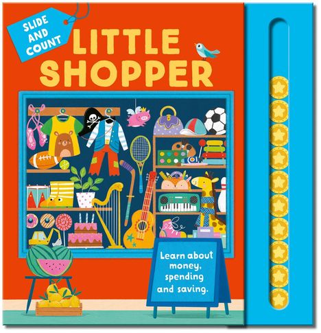 "Slide and Count", "Little Shopper", "Learn about money, spending, and saving." Illustration eines Warenladens mit Spielzeug.