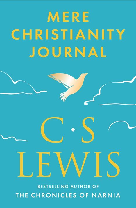 "Mere Christianity Journal" in gelber Schrift über einem blauen Hintergrund. Eine schwebende Taube und Wolken umranden den Text.